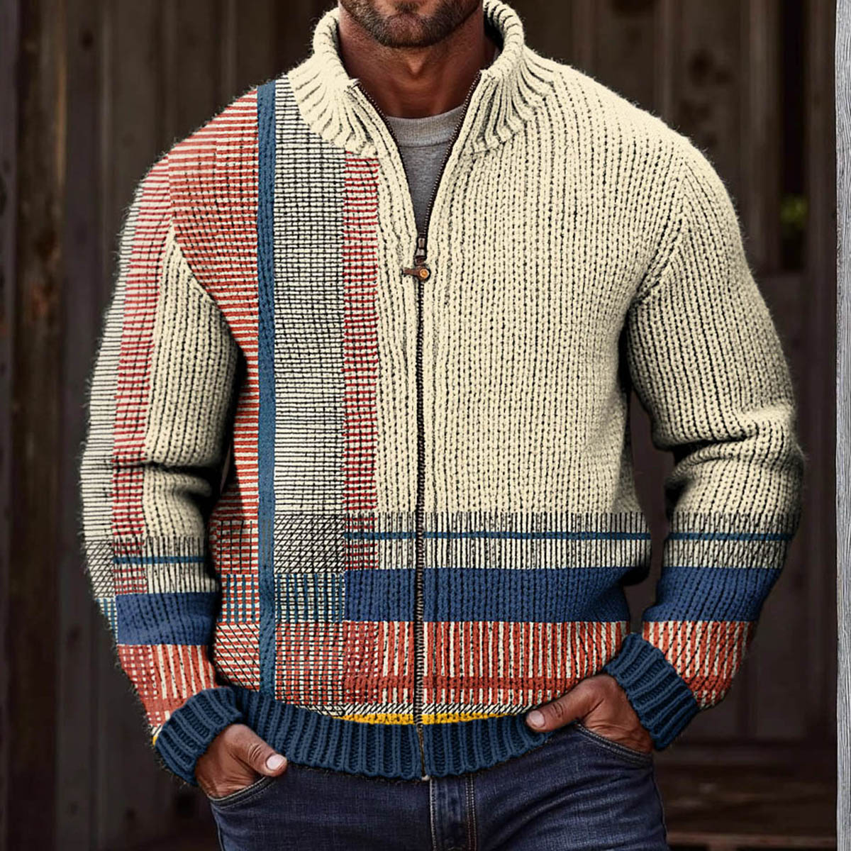 Men‘s Retro Ethnic Stripes Art Zipper Cozy Sweater artswardrobe