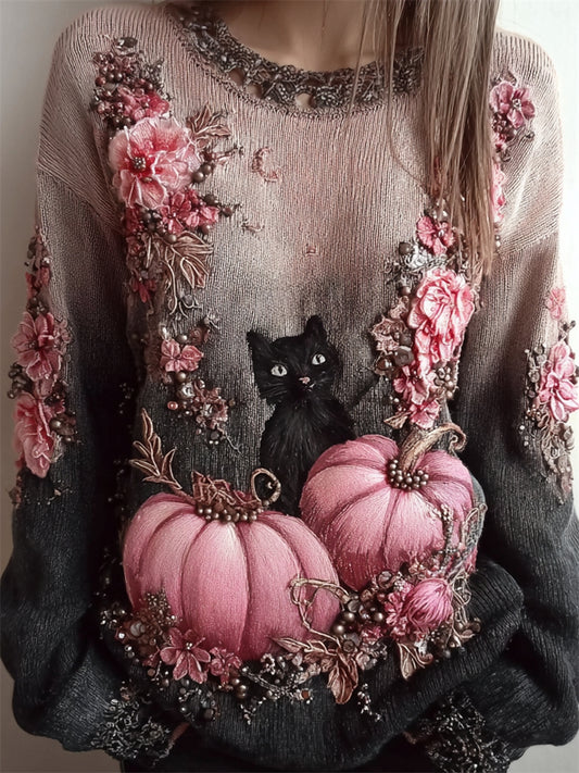 Comstylish Black Cat & Pink Pumpkins Floral Gradient Knit Sweater