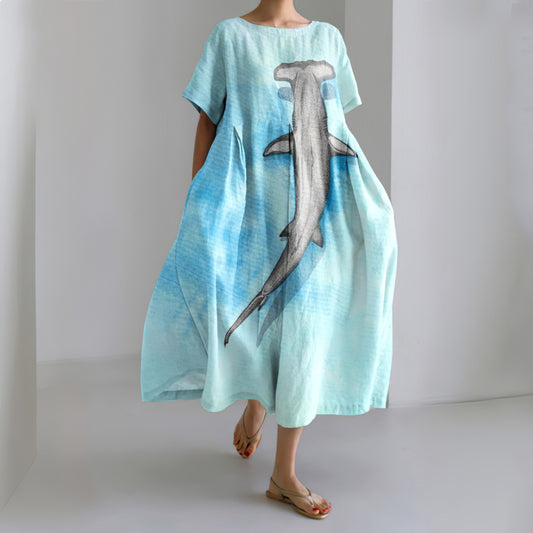 Shark Knit Pattern Linen Women's Dress