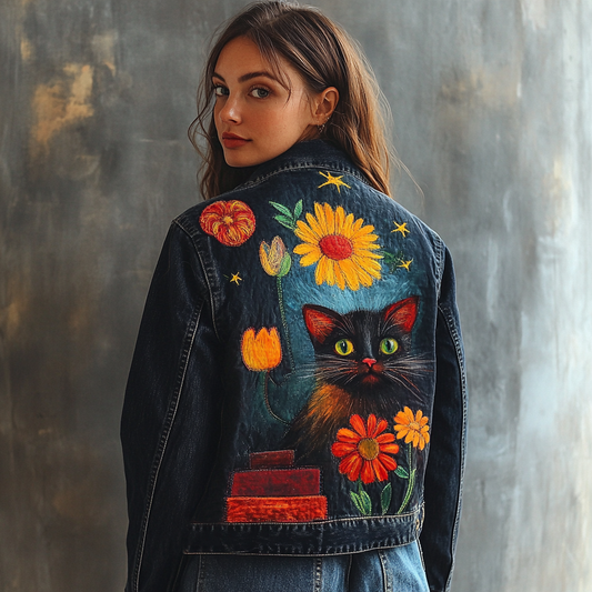 Women's Pop Art Cat Flowers Fun Pattern Denim Jacket elevenforest