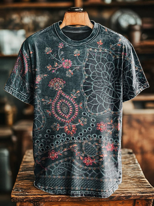 Unisex Bohemian Floral Art Printed Casual Round Neck Short Sleeve T-Sh