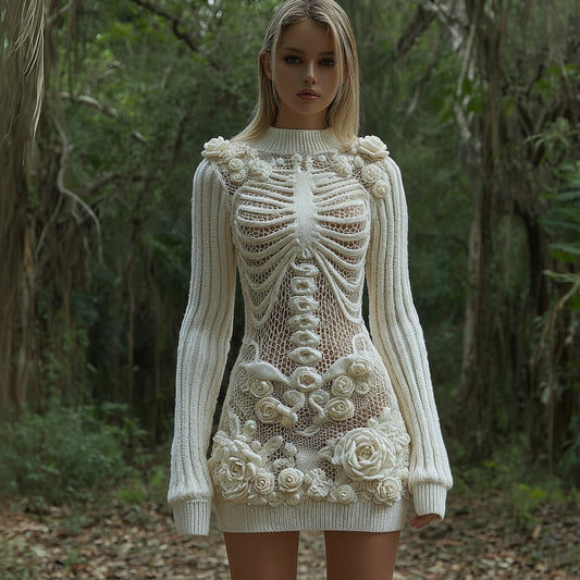 Comstylish Women's Vintage Skull Rose Art Comfortable Elegant Sweater Dress