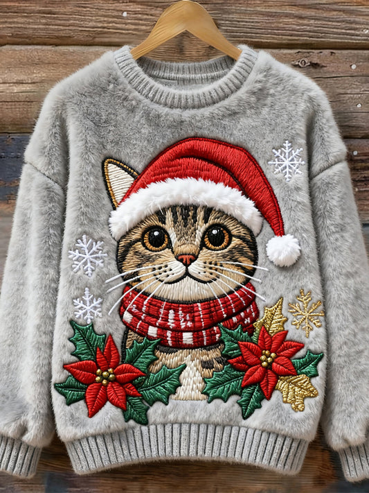 Comstylish Christmas Cat Embroidery Women's Cozy Plush Sweater