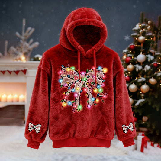 Comstylish Men's Christmas Lights And Bow Pattern Plush Hoodie