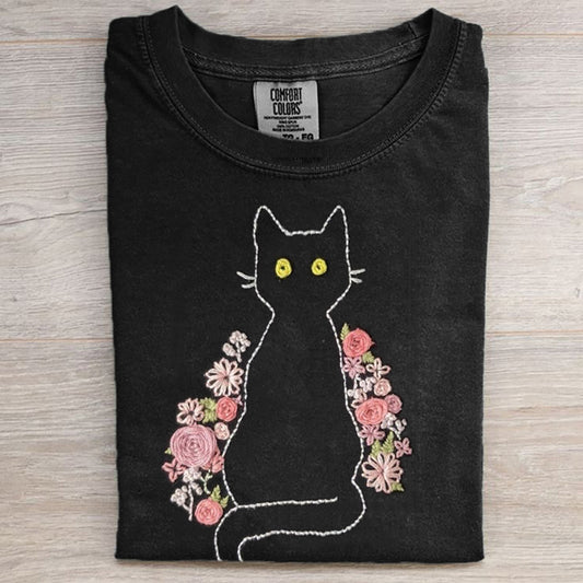 Comstylish Pink Floral Black Cat Embroidered Comfy T Shirt