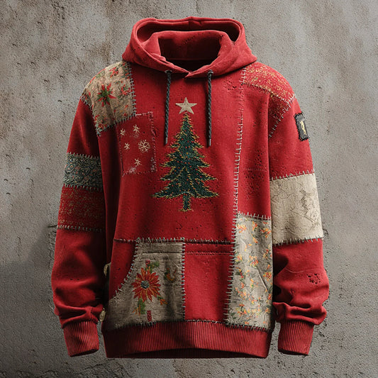 Comstylish Men's Vintage Christmas Tree Patchwork Art Print Casual Hoodie