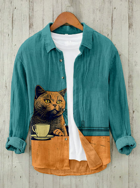 British Short Hair Cat Chilling with Coffee Linen Blend Blouse elevenforest