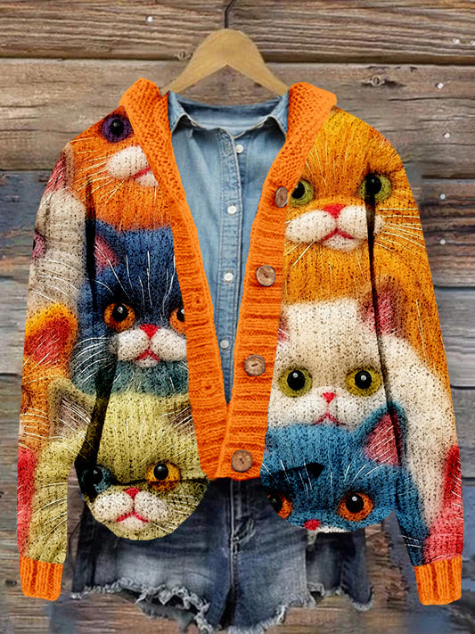 Comstylish Fluffy Cute Cats Embroidery Art Hooded Cardigan