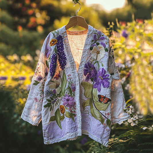 Vintage Floral Butterfly Print Linen Kimono artswardrobe