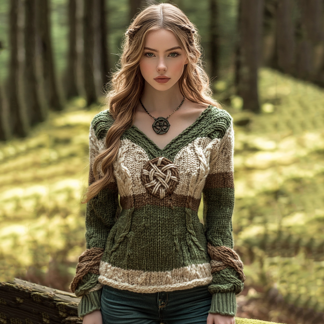 Vintage Contrast Jacquard V-neck Knit Sweater artswardrobe