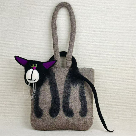 Comstylish Vintage Funny Black Cat Handmade 3d Felt Tote Bag