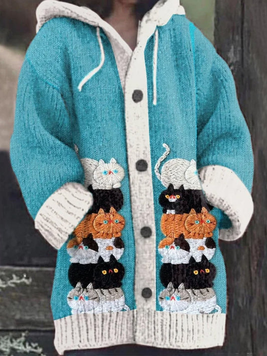 Women's Christmas Cute Pet Cat Embroidery Printed Hoodie elevenforest