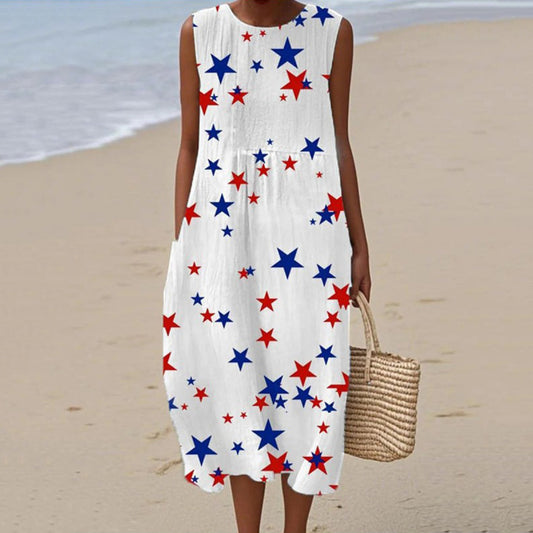 Women's Independence Day Star Print Casual Tank Midi Dress artswardrobe