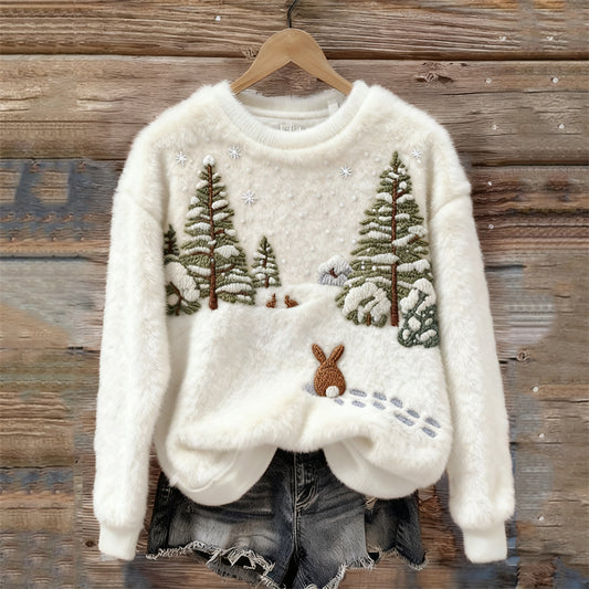 Comstylish Bunnies Snowy Forest Landscape Cozy Plush Sweatshirt