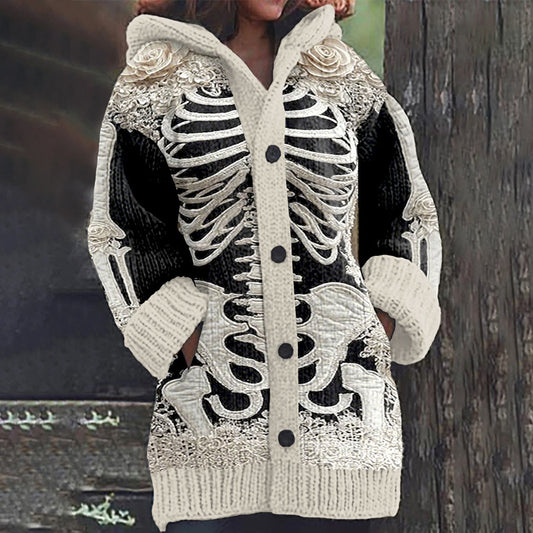 Comstylish Women's Halloween Skeleton Bones With Rose Art Cozy Knit Hooded Cardigan Sweater
