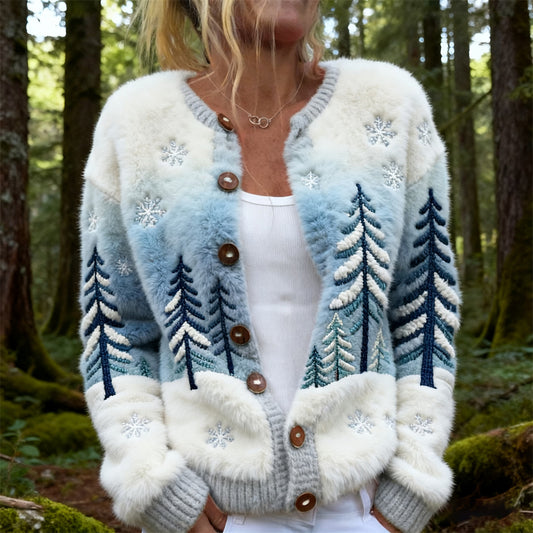 Christmas Snow Scene Forest Women's Knit Cardigan
