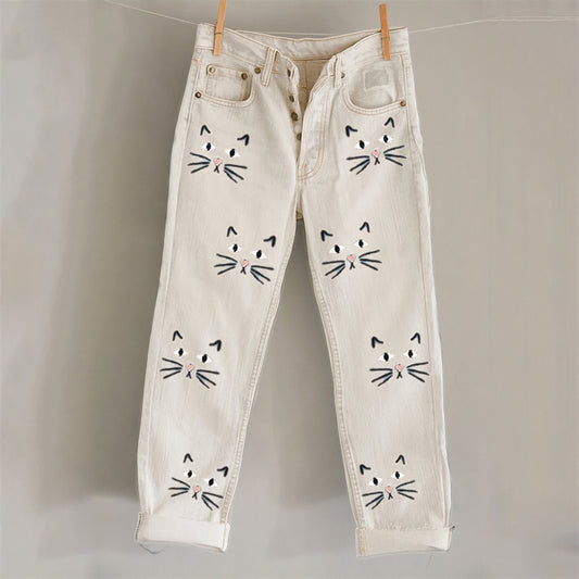 Comstylish Lovely Cat Faces Embroidery Pattern Washed Jeans