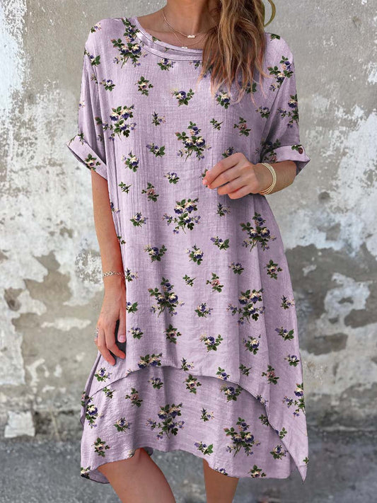 Women's Classic Floral Pattern Round Neck Cotton and Linen Dress
