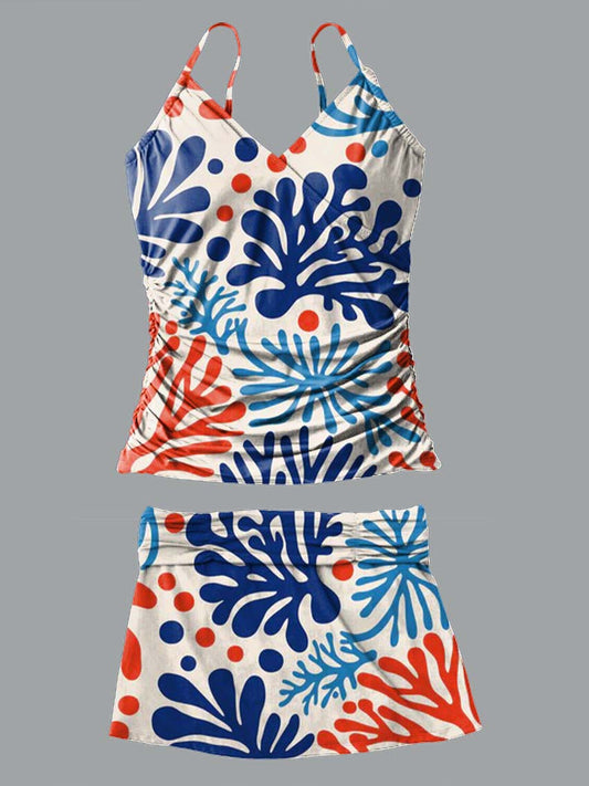 Artistic Colorful Coral Print Suspender Skirt Tankini Pantskirt Set Swimsuit