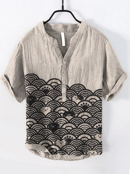 Cats & Waves Japanese Art Print Cozy Cotton Linen Shirt elevenforest