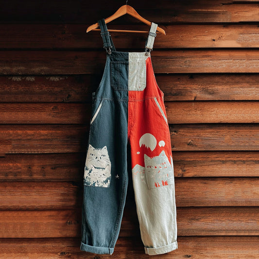Comstylish Women's Cute Cat On Mount Fuji Colorblock Denim Jumpsuit