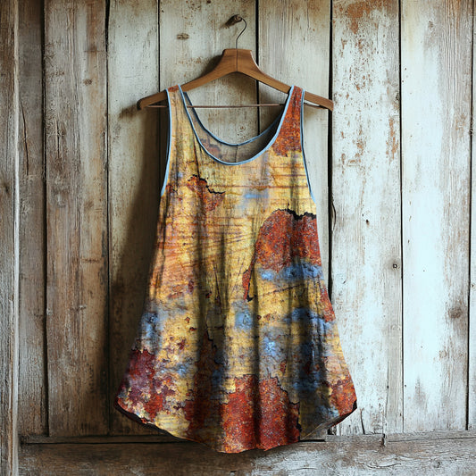 Vintage Rust Art Print V-neck Linen Blend Tank Top artswardrobe