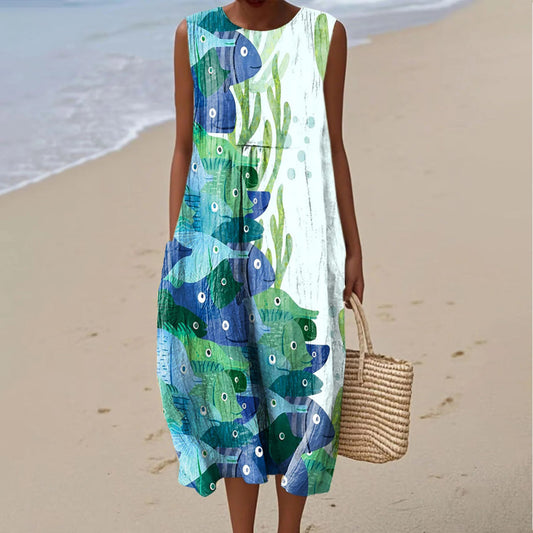 Women's Vintage Fish Art Print Sleeveless Casual Dress artswardrobe