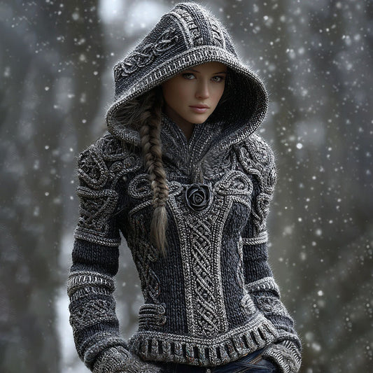 Women's Viking Celtic Knot With Rose Art Winter Warmth Knit Hooded Sweater