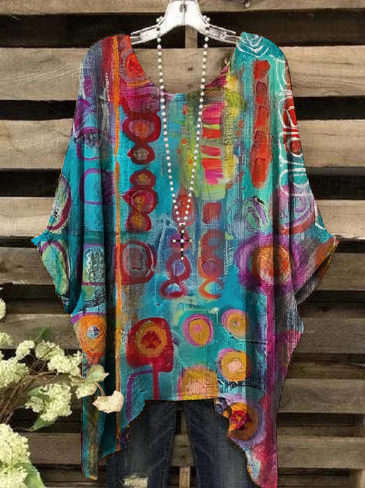 Women's Oil Painting Abstract Print Vintage Top