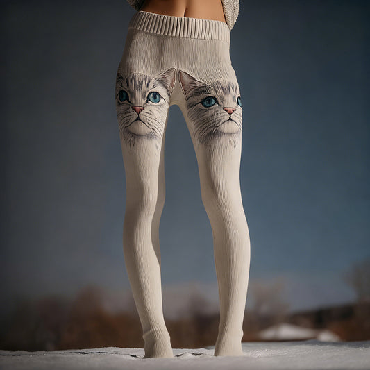 Comstylish Cute Cats Art Pattern Vintage Cozy Knit Leggings