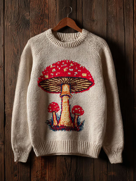 Comstylish Women's Retro Mushroom Print Crew Neck Sweater