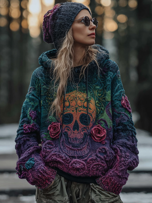 Comstylish Women's Gradient Color Hooded Long Sweater With Viking Style Tribal Totem