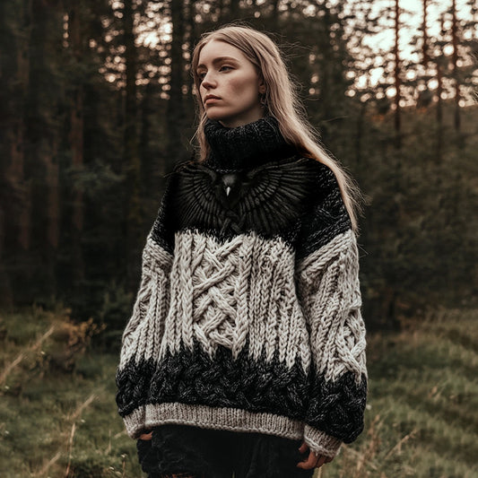Women's Viking Rune Gradient Bird Graphics Celtic  Jacquard Turtleneck Sweater elevenforest