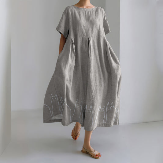Comstylish Vintage Art Cat Embroidery Linen Crew Neck Dress