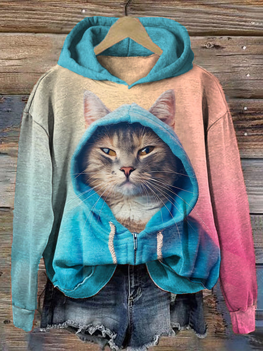 Comstylish Cute Cat Art Print Contrast Color Cozy Hoodie