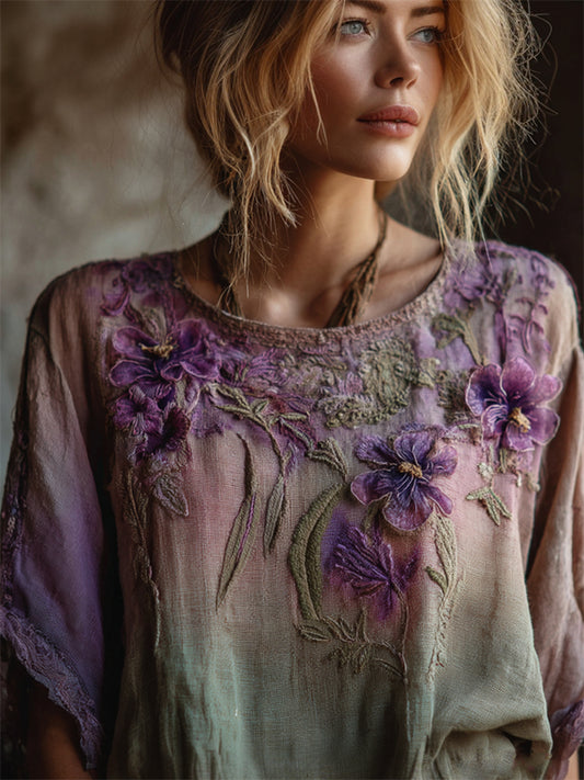 Vintage Purple Flowers Forest Gradient Flowy Linen Tunic artswardrobe