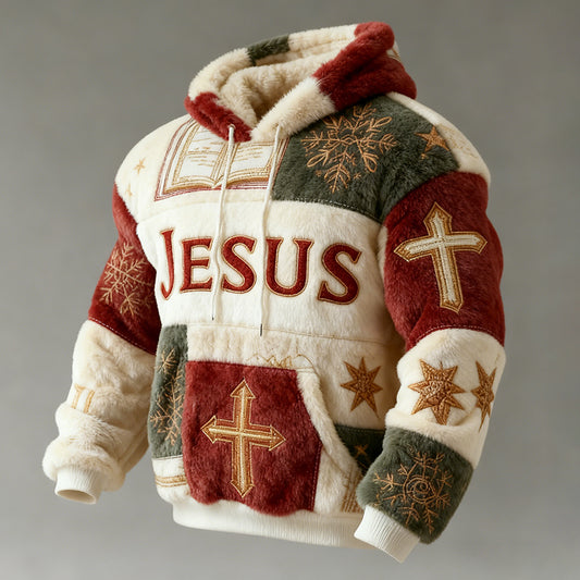 Comstylish Men's Christmas Jesus Patchwork Print Plush Warm Hoodie