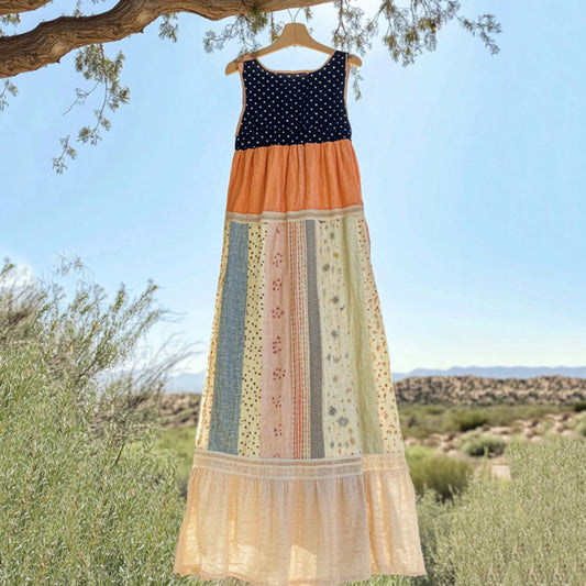 Comstylish Vintage Polka Dot And Floral Patchwork Art Linen Tank Dress