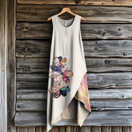 Women's Retro Floral Patchwork Irregular Design Sleeveless Dress artswardrobe