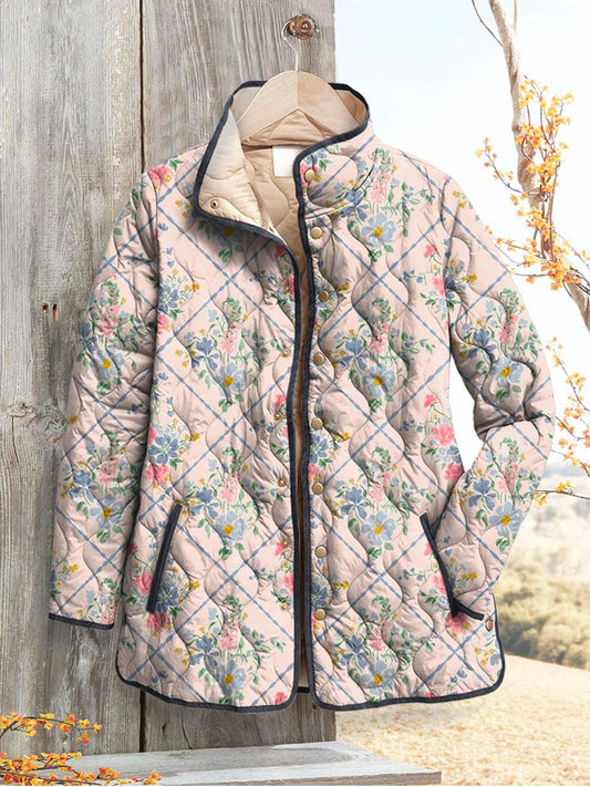 Women's Vintage Floral Art Print Casual Quilted Cardigan