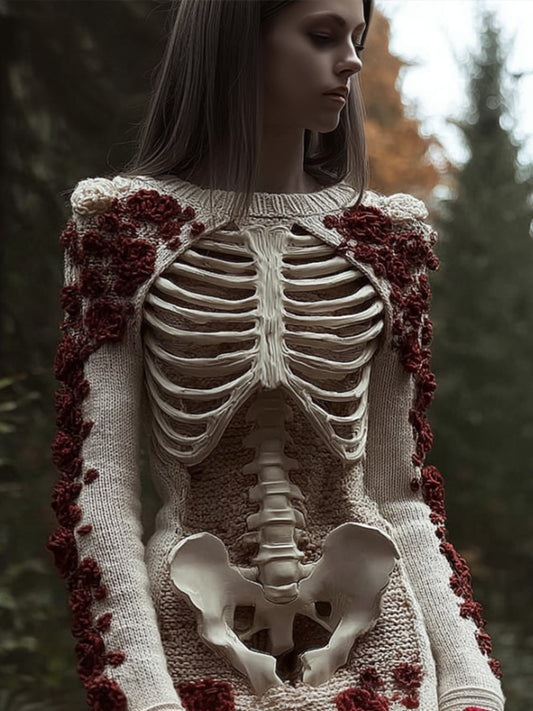 Comstylish Halloween Skeleton Rose Art Round Neck Sweater
