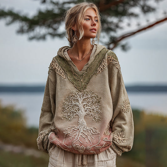 Comstylish Women's Viking Tree Of Life Celtic Knot Gradient Art Cozy Warm V-neck Hoodie