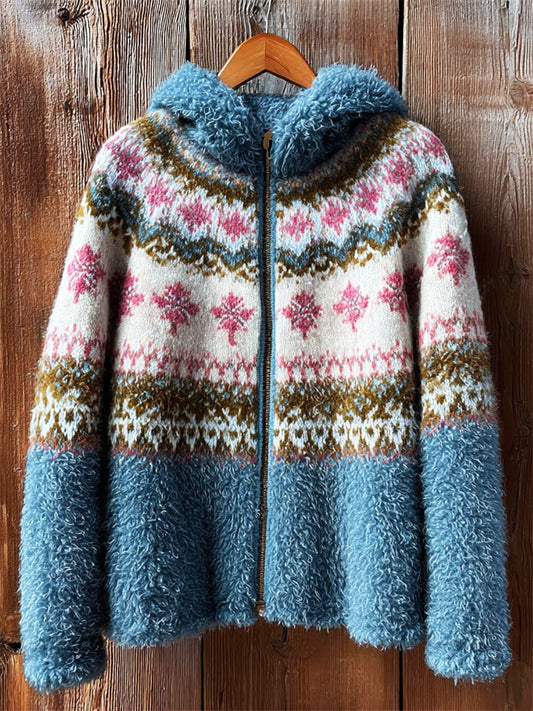 Vintage Classic Fair Isle Cozy Hooded Fleece Jacket