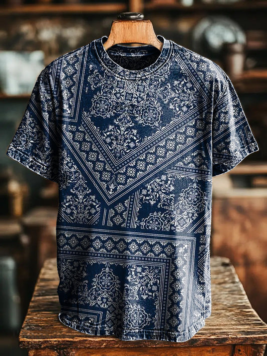 Dark blue Retro National Floral Patchwork Vintage Art Print Casual T-s
