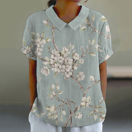 Comstylish Vintage Floral Art Printed Casual Short Sleeve Shirt