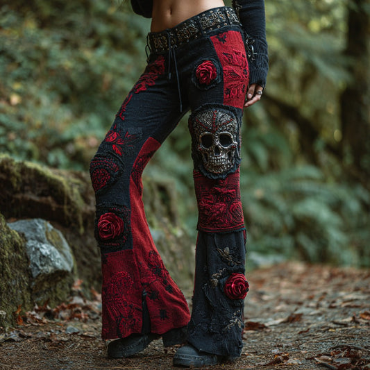 Comstylish Women's Retro Dark Skull And Rose Stitching Casual Jeans