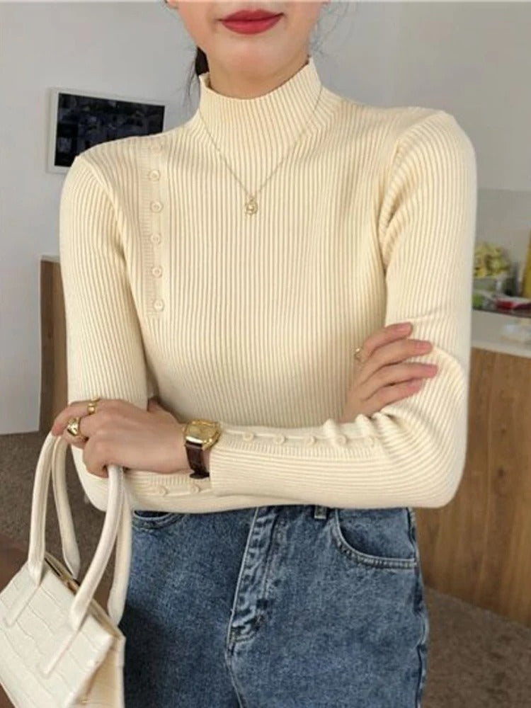 JO | MW - Elegant sweater with decorative buttons and stand-up collar