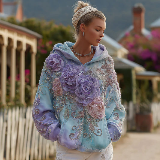Comstylish Women's Retro Purple Rose Gradient Pattern Casual Hoodie