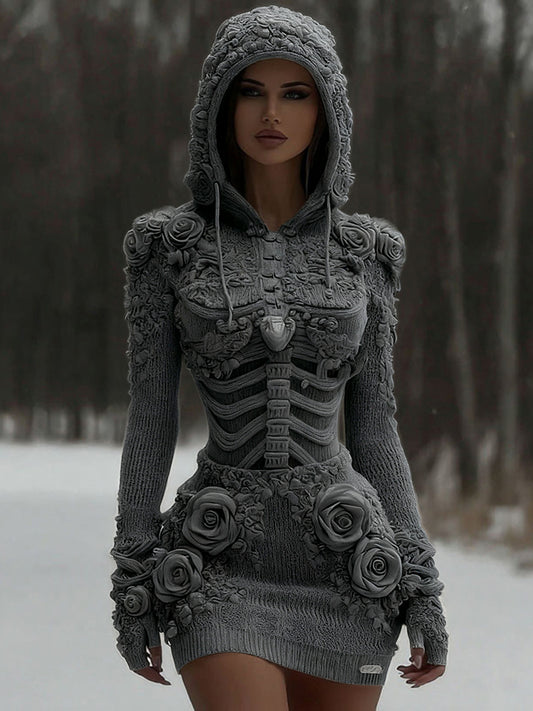 Comstylish Women's Vintage White Rose And Skull Patchwork Knit Hooded Sweater
