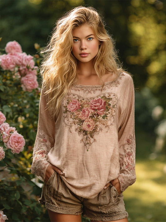 Boho Floral Embroidered Lace Women's Casual Linen Shirt artswardrobe